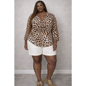 Women's Goddess Leopard Print V-Neck Blouse 1X Beige Brown